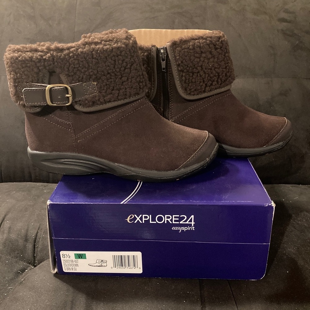 Easy Spirit ESLOCKDOWN Brown Leather Fur Suede Winter Boots Size 8.5 New in Box
